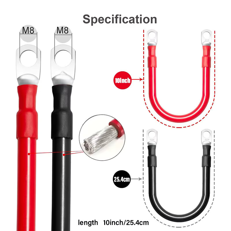 2er-Set Batteriekabel aus reinem sauerstofffreiem Kupfer (OFC) für Auto-Audio, Solar und Wohnmobile, 10 Zoll (25,4 cm) - Bild 4