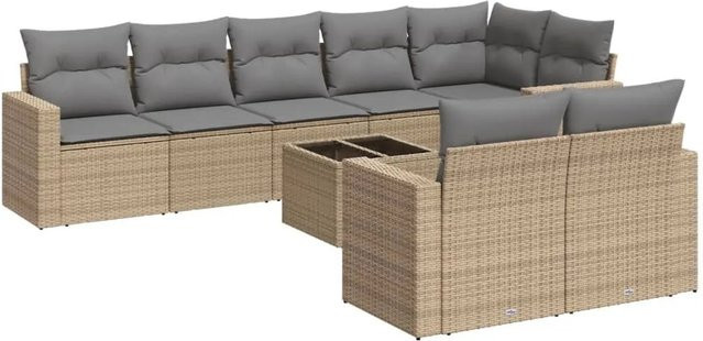 vidaXL 9-tlg. Garten-Sofagarnitur in L-Form aus Poly-Rattan in Beige-Grau mit wetterfesten Kissen und pulverbeschichtetem Stahlgestell - Bild 1