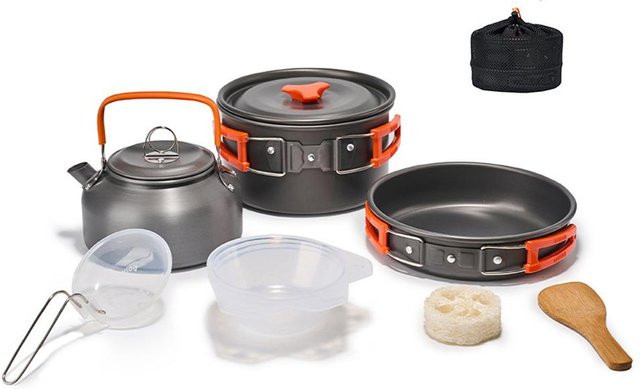 TOMTOP JMS Camping Kochgeschirr Set aus eloxiertem Aluminium in Orange mit Topf und Pfanne für Outdoor und Picknick - Bild 1
