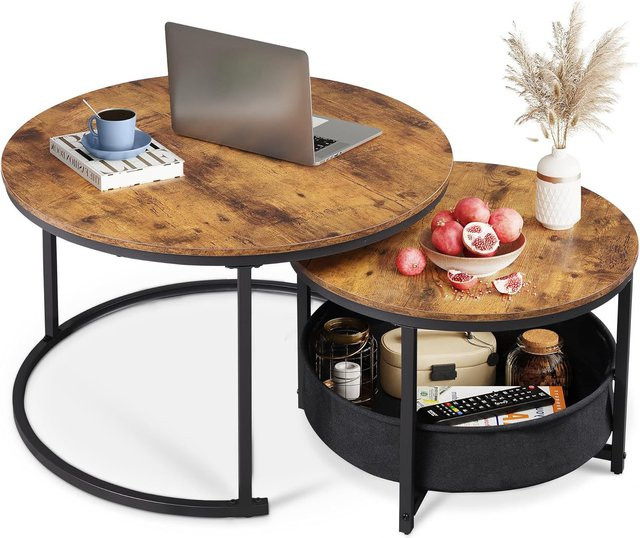 WLIVE Couchtisch 2er-Set rund in Braun mit Metallgestell und Holzoptik für dein Wohnzimmer - Bild 1