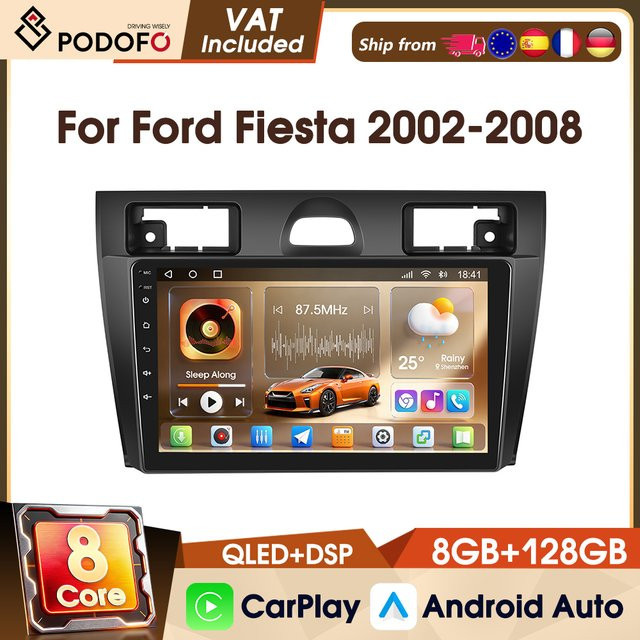 Podofo Android Universal 4G Autoradio für Ford Fiesta 2002-2008 Multimedia Videoplayer mit 8-Kern Prozessor, 8 GB RAM und 128 GB Speicher, Schwarz - Bild 1