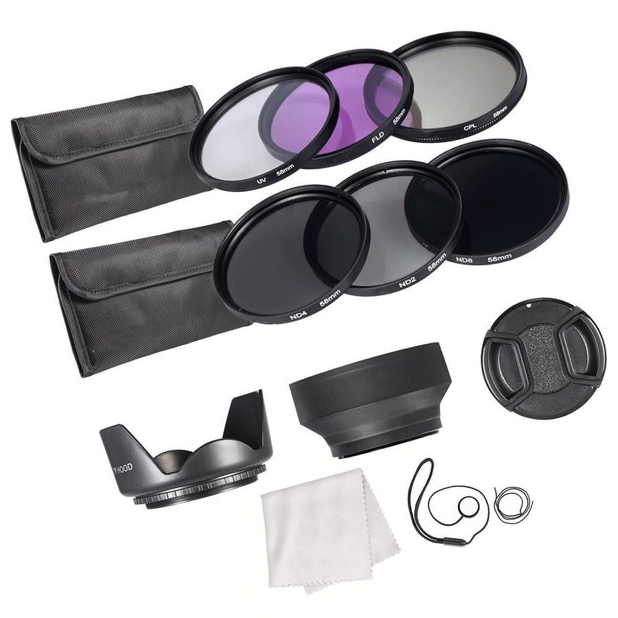 Objektivfilter-Set 58mm mit UV, CPL, FLD und ND2/ND4/ND8 Filtern inklusive Tragetasche, Objektivdeckel, Deckelhalter sowie Tulpen- und Gummi-Objektivschutz in Schwarz - Bild 3