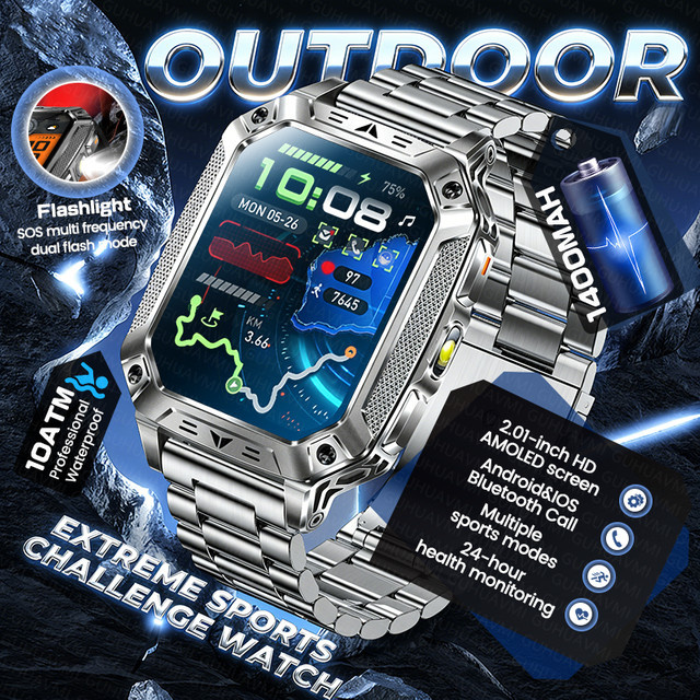 GUHUAVMI Outdoor Extremsport Smartwatch für Herren mit AMOLED HD Display, GPS, SOS-Funktion, Bluetooth-Anruf und 10ATM Wasserdichtigkeit, Farbe: Schwarz - Bild 1