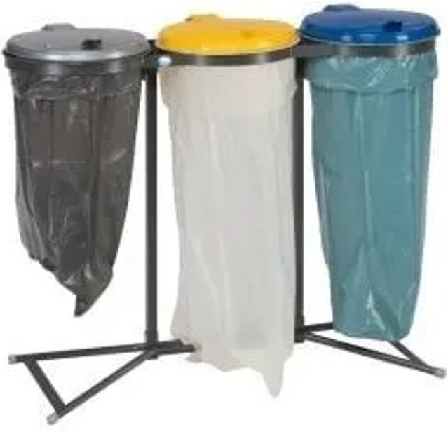 PROREGAL Abfallsammler für Wertstoffsortierung 3-fach Stationär, 3 x 120 Liter, Stahl, Silber, Gelb, Blau, H x B x T: 95 x 117,5 x 44 cm - Bild 1