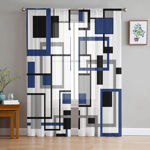 Yiran Furniture Transparenter Vorhang mit geometrischem Dreieck-Design aus Organza und Tüll, Blau, B: 135 cm, H: 115 cm - Bild 1