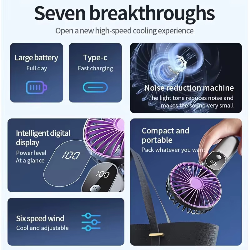 XIAOTREE Mini tragbarer USB-Ventilator in Grau mit 6 Geschwindigkeiten, digitaler Anzeige und faltbarem 3-in-1 Design für Nacken und Schreibtisch - Bild 4