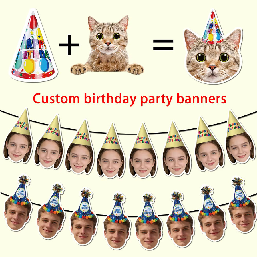 Personalisiertes Cyuan Geburtstags-Fotobanner mit Geburtstagshut-Muster als Wimpelkette für deine Party-Dekoration in Mehrfarbig - Bild 2