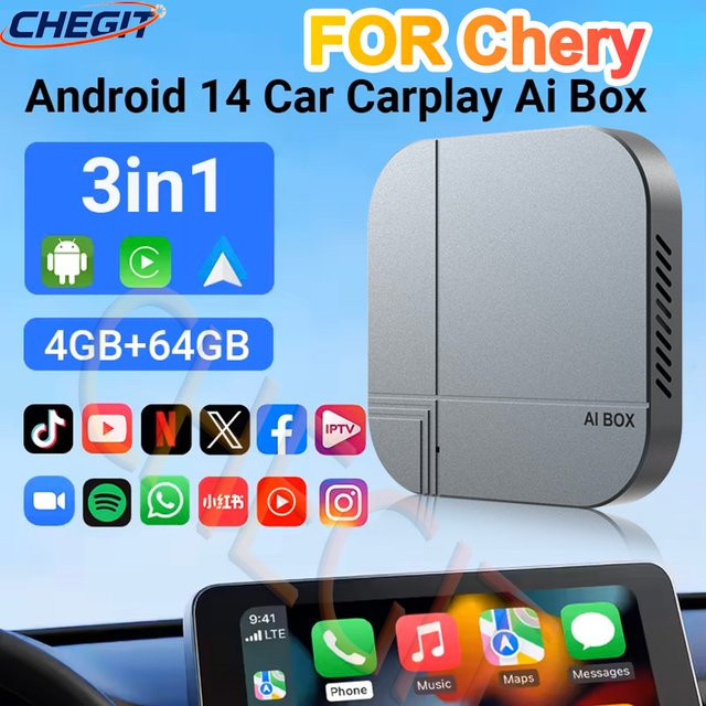 WDSZKMYF CarPlay AI Box Android 14 mit 4G 64GB und 2G 16GB für Netflix und Youtube, kabelloses CarPlay und Android Auto für Chery Arrizo 5, Arrizo 7, Tiggo 3, Tiggo 3X und 5X, Grau - Bild 1