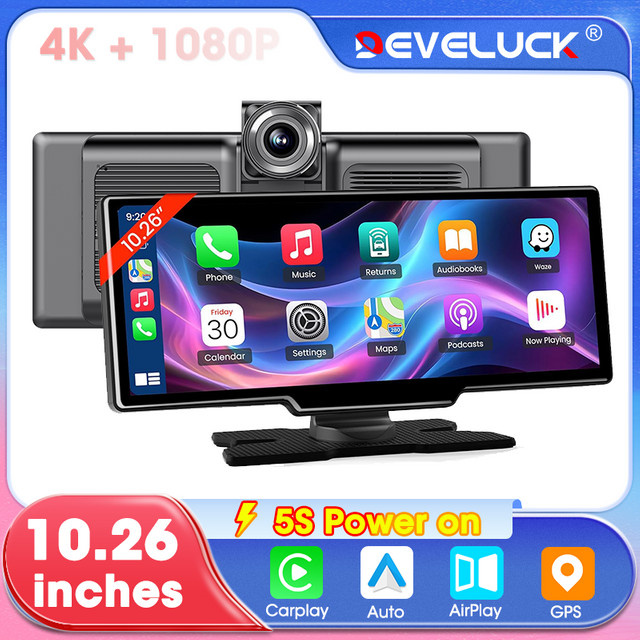Develuck 4K Dash Cam mit 10,26 Zoll Display, Android Auto und Apple CarPlay, Automotive Intelligenz System mit Rückfahrkamera, Schwarz - Bild 1