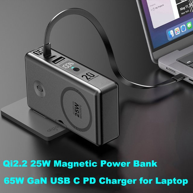 65 W GaN USB C PD Powerbank mit 20000 mAh und 22,5 W Qi2 Magnetischem kabellosem Schnellladegerät in Schwarz - Bild 1