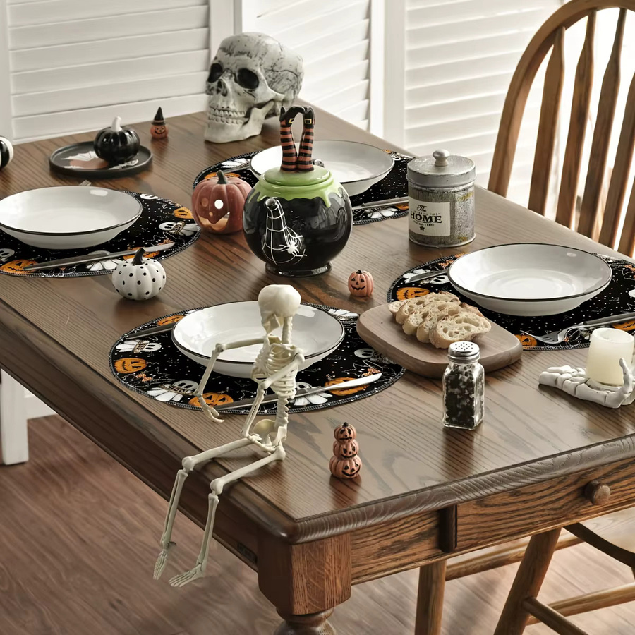 VIKAMA Halloween Tischsets mit Geister- und Kürbis-Motiv, 4/6-teiliges Set aus Leinen, Schwarz, Rund - Bild 4