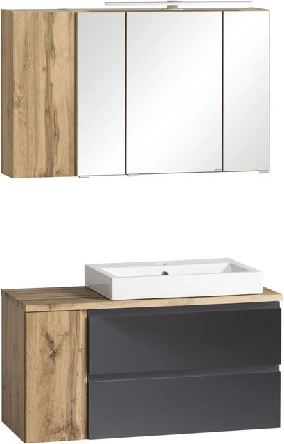 Held Möbel 2-tlg Waschtisch-Set Ancona modern in matt Grau-Wotaneiche mit Aufsatz-Keramikbecken und Spiegelschrank, Breite: 105 cm - Bild 1