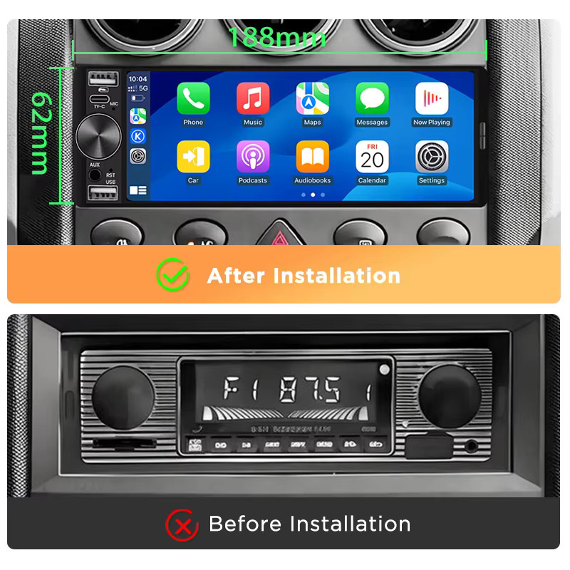 Junsun 1 Din Autoradio mit 6,86 Zoll HD-Bildschirm, kabelloses CarPlay und Android Auto, Bluetooth, USB Typ-C, Schwarz - Bild 2