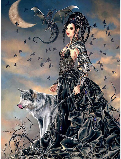 FIYO 5D-Diamant-Mosaik DIY-Stickerei Gothic Design mit Fee, Wolf und Drache, Mehrfarbig, B/H: 30 x 40 cm - Bild 1