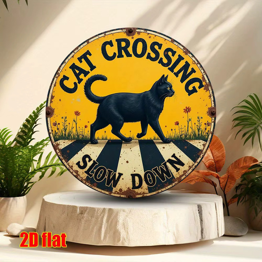 Potdemiel Vintage Metallschild Cat Crossing Slow Down Wanddekoration aus Aluminium in Schwarz und Gelb, Breite: 20,0 cm, Höhe: 20,0 cm - Bild 3
