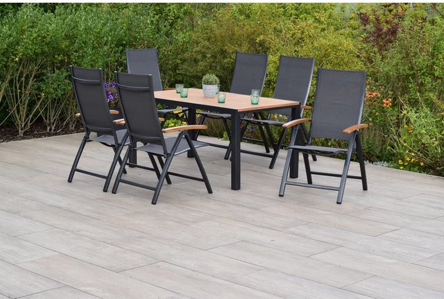 Merxx Toblino Gartenmöbel Set 7-teilig mit 6 Klappsesseln und rechteckigem Gartentisch aus Akazienholz und Aluminium in Anthrazit und Grau, Tisch B: 150 cm, T: 90 cm - Bild 1