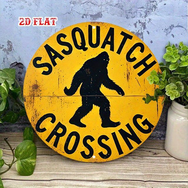 Retro Sasquatch Crossing Rundes Aluminiumschild von Potdemiel in Gelb und Schwarz, Durchmesser: 20 cm - Bild 1