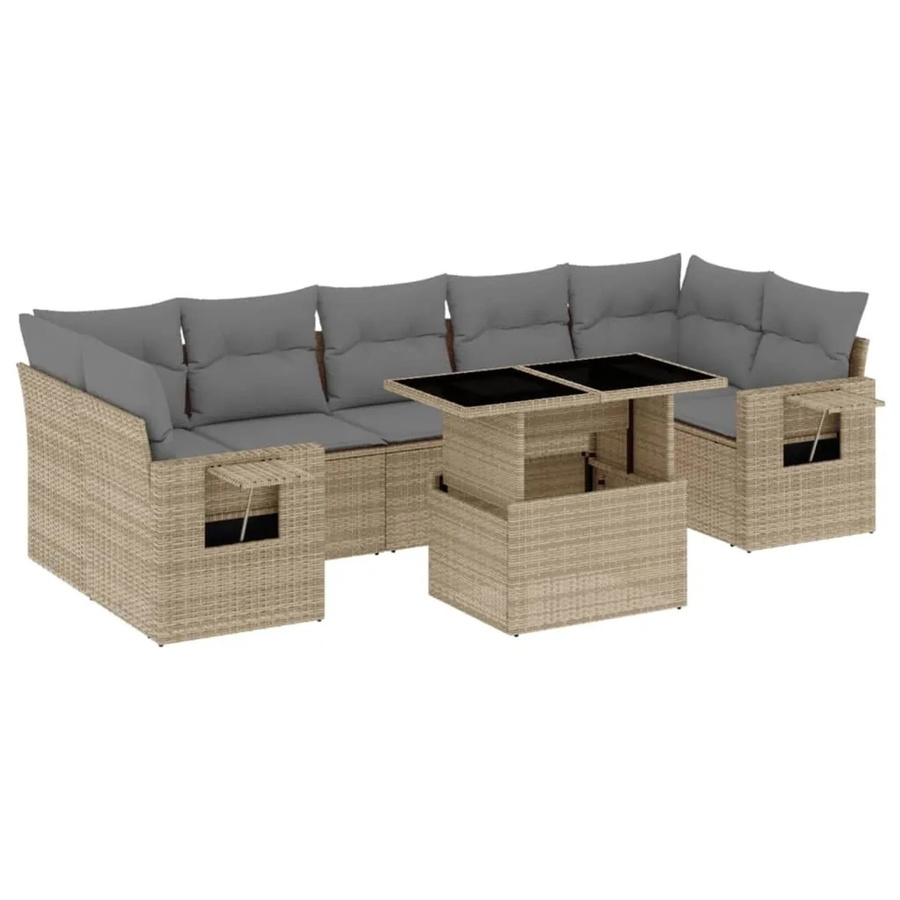 vidaXL 8-tlg Garten-Sofagarnitur in L-Form aus beigem Poly-Rattan mit Kissen und pulverbeschichtetem Stahlgestell - Bild 2