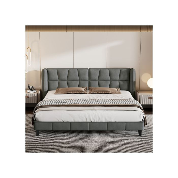 Gepolstertes Doppelbett MUVOE aus grauem Samt mit bequemem Kopfteil, B/T: 180 x 200 cm - Bild 2