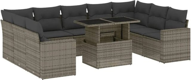 vidaXL 10-tlg. Garten-Sofagarnitur in L-Form aus grauem Poly-Rattan mit UV-beständigen Kissen und pulverbeschichtetem Stahlgestell - Bild 1