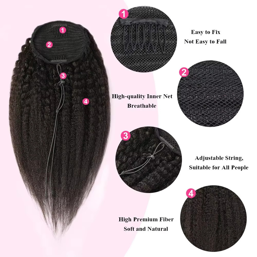 Dula A Hair Kinky Straight Echthaar-Pferdeschwanz-Verlängerung, Naturschwarz # 1B, Damen - Bild 3