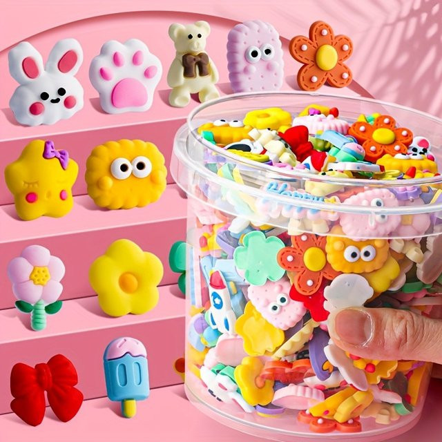 100 Stück DIY-Aufkleber aus weichem Gummi mit Blumen- und Tiermotiven in Multicolour als Bastelzubehör für Handyhüllen, Stifthalter und Tassen - Bild 1