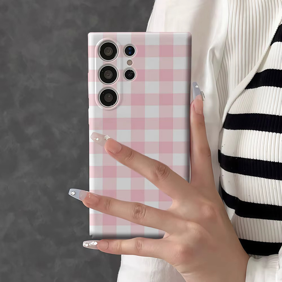 Aurbe Handyhülle für Samsung Galaxy S26 S25 S24 S23 Ultra Plus HD Hartplastik in Rosa und Weiß Gingham Doppelschicht-Folienhülle - Bild 4