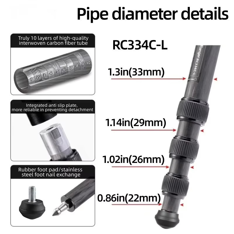 RC334C-L Professionelles Carbonfaser-Stativ in Schwarz mit Kugelkopf und kurzer Mittelsäule für DSLR-Kameras - Bild 3