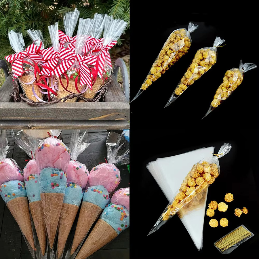 WEIGAO Transparente kegelförmige Zellophan-Süßigkeitstüten mit gedrehten Bändern für Popcorn und Snacks, 50 Stück - Bild 4