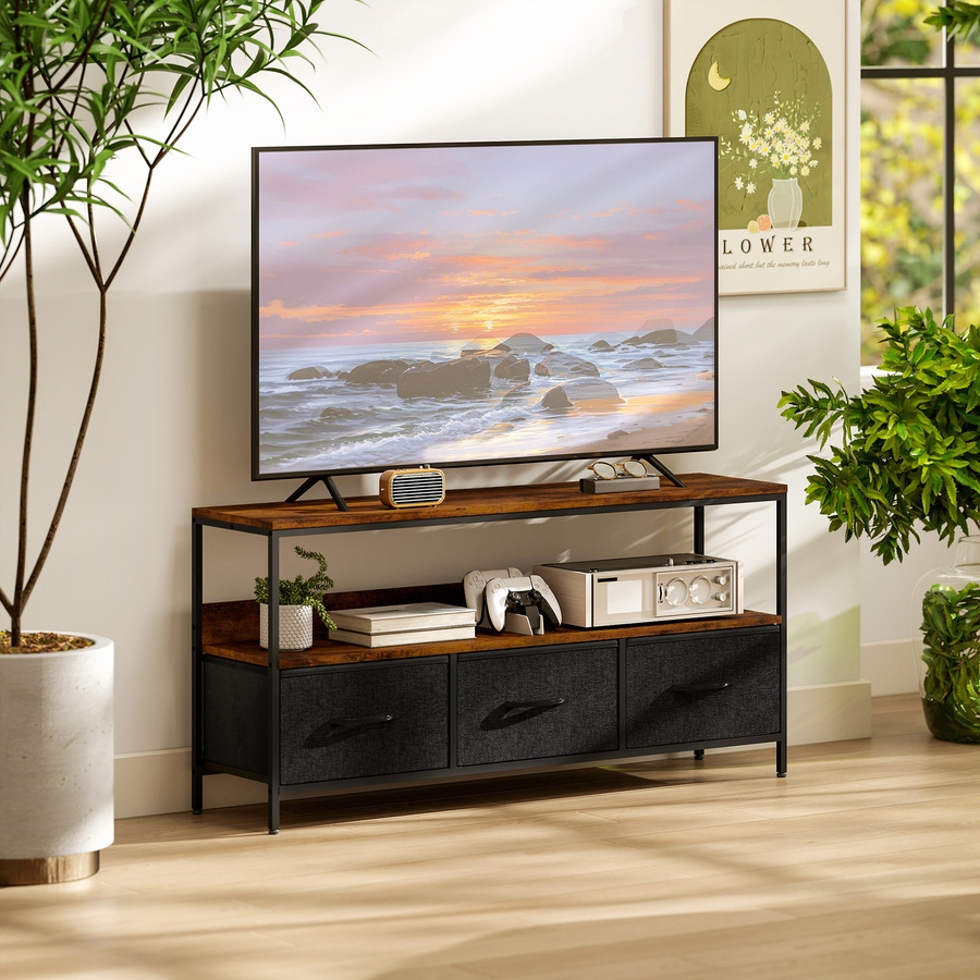 HOMCOM TV-Möbel in rustikalem Braun mit Stahlfüßen, TV-Unterschrank für Fernseher bis 140 cm mit 1 Ablage und 3 klappbaren Schubladen, Breite: 120 cm - Bild 2