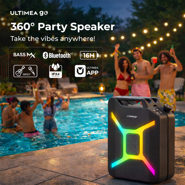 ULTIMEA Go Tragbarer Party-Lautsprecher mit 300W, Kabelloser PartyBox in Schwarz mit Bass-Boost, RGB-Licht, TWS Stereo, Auracast sowie Mikrofon- und Gitarreneingang - Bild 1