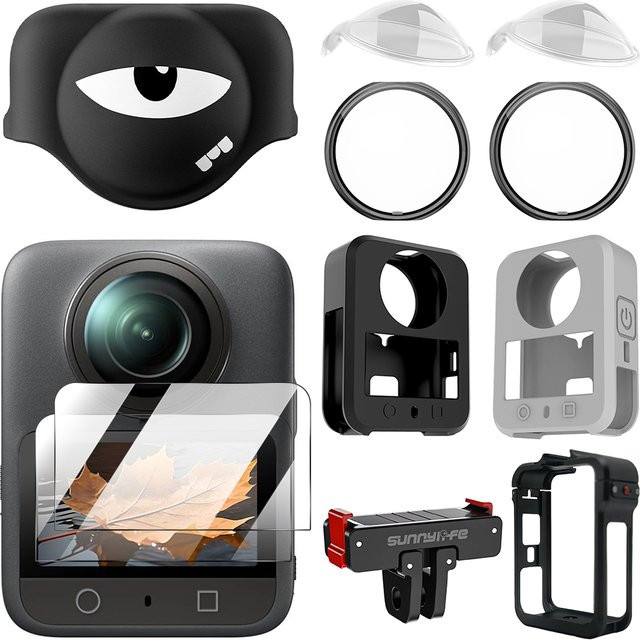 ZYOX Zubehör-Set für DJI Osmo 360 in Schwarz mit Objektivschutz, Displayschutzglas, Objektivdeckel, Silikonhülle, Rahmenkäfig und Adapterhalterung - Bild 1