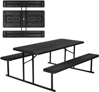VEVOR klappbares Picknicktisch-Set mit 2 Bänken aus Stahl und Polyethylen hoher Dichte in Schwarz, inkl. Schirmloch für Garten und Terrasse - Bild 1