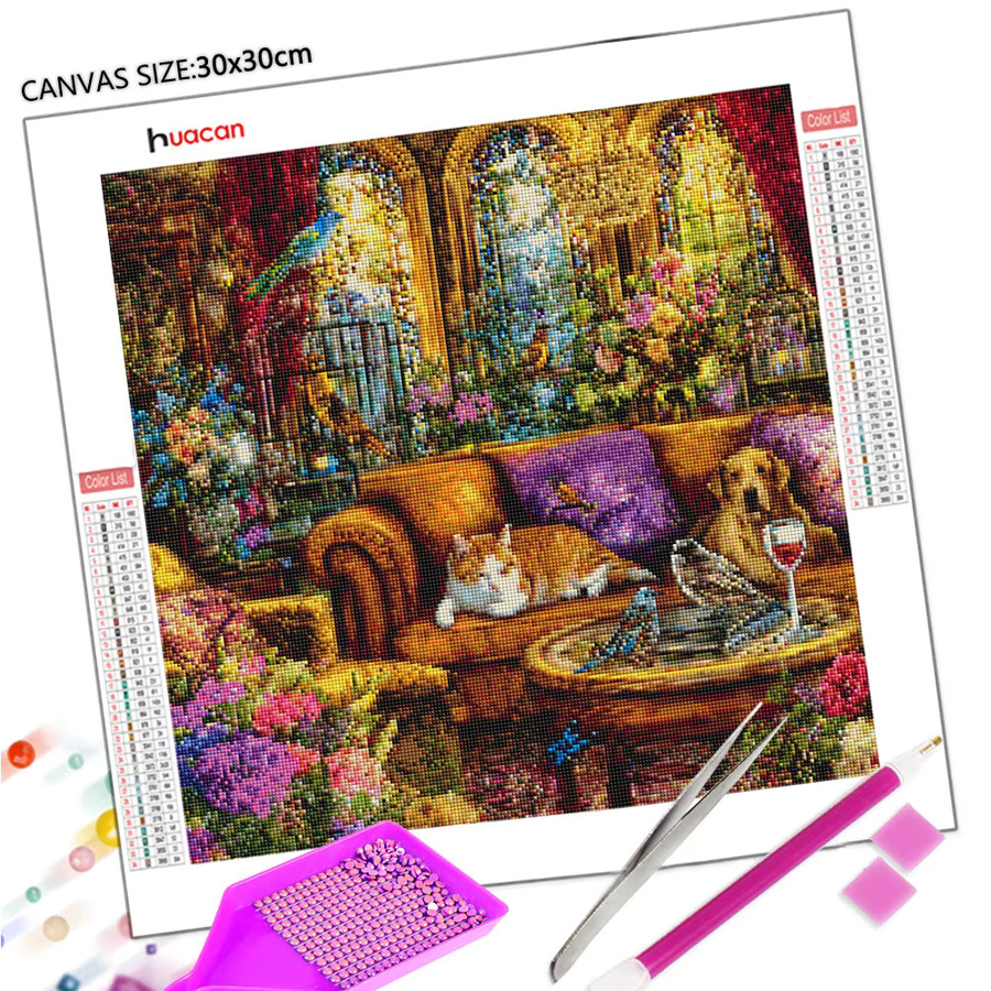 Huacan Diamantmalerei Tier-Motiv mit Hund, Katze und Vögeln in Multicolour, Diamantmosaik Bild aus Strasssteinen mit runden Steinen, B/T/H: 20 x 20 x 20 cm - Bild 2