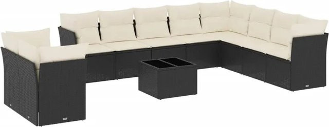 vidaXL 11-tlg. Garten-Sofagarnitur in L-Form mit Kissen und Couchtisch, Schwarz, Poly-Rattan und pulverbeschichtetem Stahl - Bild 1