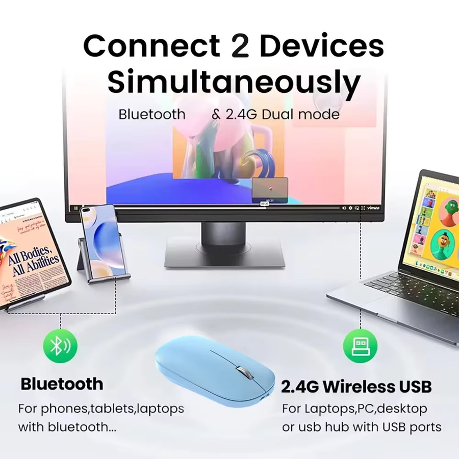 Kebidumei Dual-Modus Kabellose Maus mit Bluetooth und 2,4G, Wiederaufladbare Gaming- und Büromaus mit Silent-Tasten in Grau - Bild 2