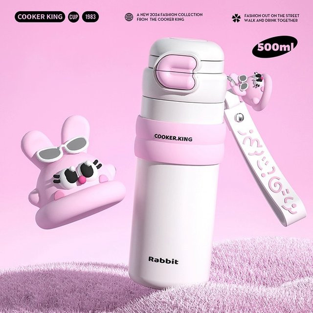 COOKER KING Thermosbecher mit Strohhalm aus Edelstahl in Blau für Kinder mit Cartoon-Design - Bild 1