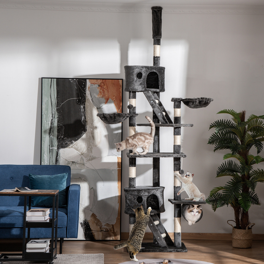 PawHut Deckenhoher Katzenkratzbaum in Dunkelgrau mit Sisalseil, Hängematte, Höhle und integriertem Spielzeug, B/T/H: 45 x 60 x 240 cm - Bild 2