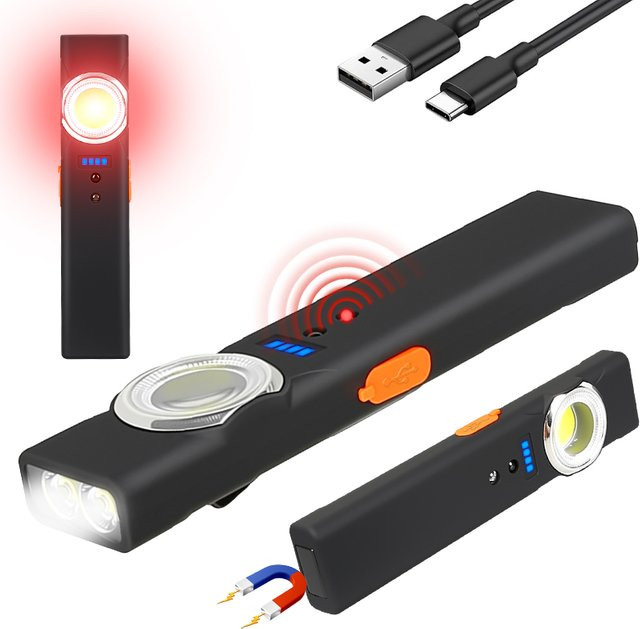 KDULIT Tragbare LED-Arbeitsleuchte mit Bewegungssensor und Magnet, wiederaufladbare COB-Taschenlampe mit Clip in Schwarz - Bild 1