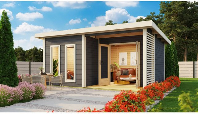 Karibu Saunahaus Magnus 5 Set in Terragrau aus nordischer Fichte inklusive 9 kW Ofen und externer Steuerung - Bild 1
