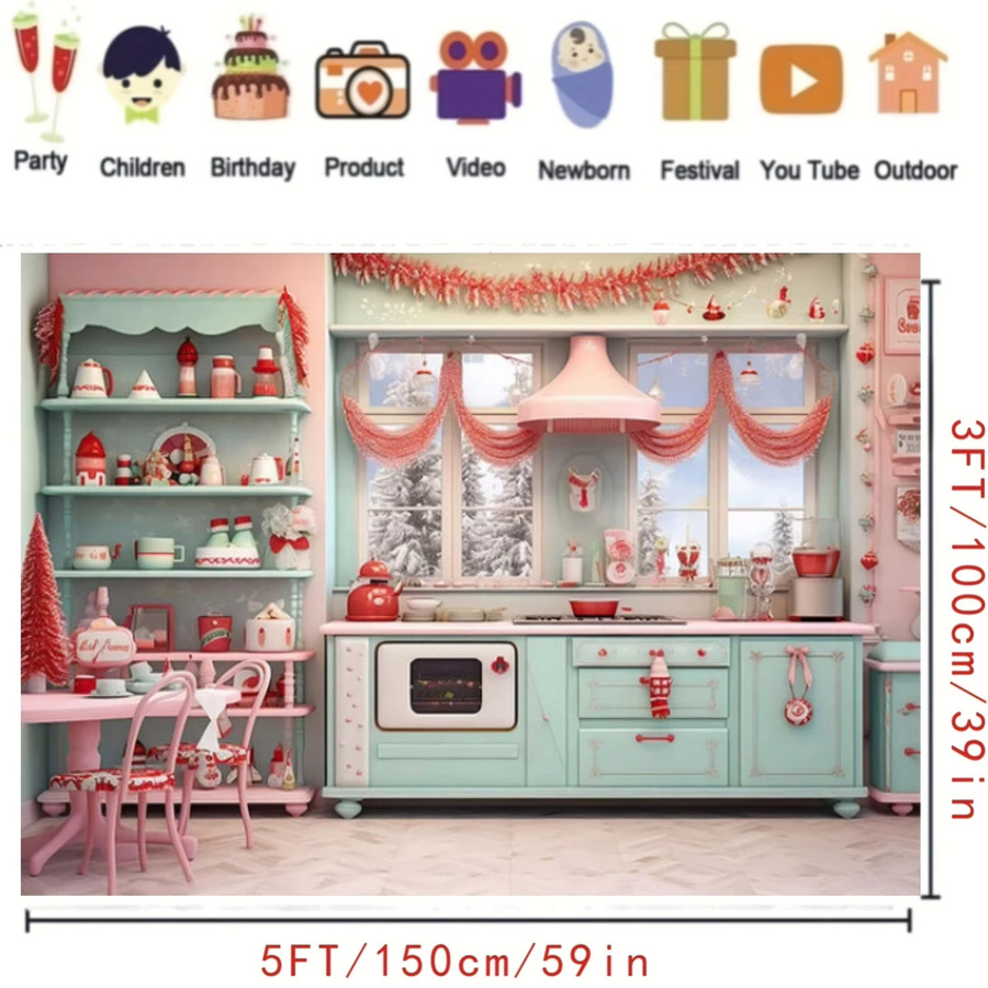 Weihnachtlicher Fotohintergrund im Vintage-Stil mit blauem Küchenschrank und Weihnachtsbaum für deine Party-Fotografie - Bild 2