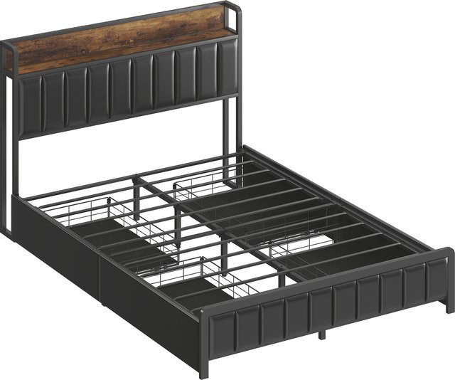 HOMCOM Doppelbett im Industrie-Stil mit Metall-Lattenrost, gepolstertem Synthetik-Kopfteil, 4 Schubladen und Ablage, schwarz, B/T: 140 x 190 cm - Bild 1