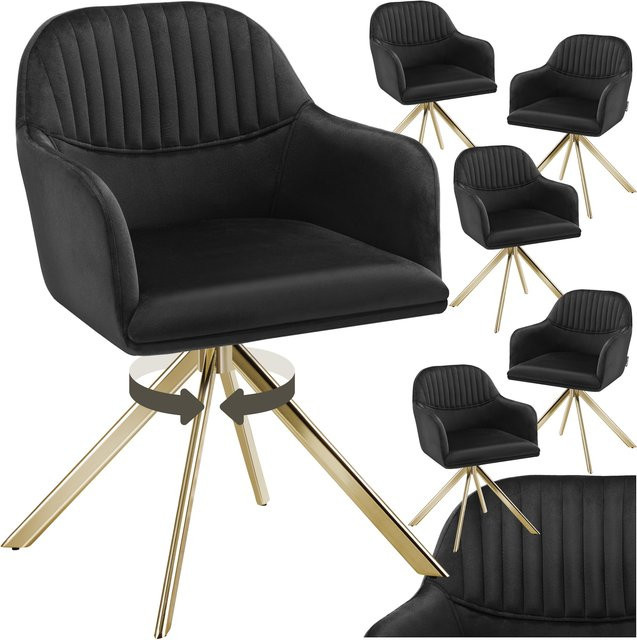 tectake Lona Samt-Drehstuhl 6er Set, gepolstert, 360° drehbar, Schwarz-Gold, B/T/H: 56 x 59 x 81 cm - Bild 1