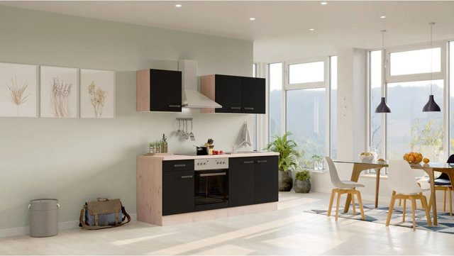 Flex-Well Küchenzeile Miniperl in Anthrazit und Eiche, moderne freistehende Küche mit Melaminbeschichteten Qualitätsspanplatten, B/T: 210 x 60 cm - Bild 1