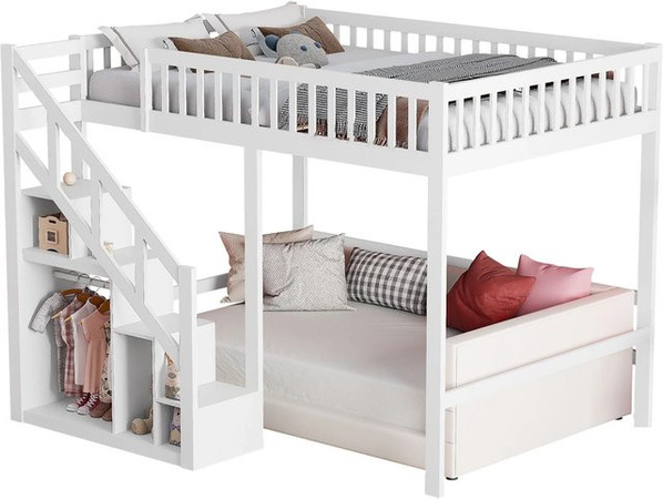 PXloue Etagenbett aus Massivholz mit Treppe und Stauraum in Weiß