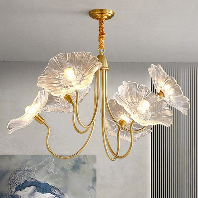 HomeLover Nordic Blume Kristall-Kronleuchter aus Glas in Transparent und Gold/Messing für Wohnzimmer, Küche oder Schlafzimmer - Bild 1