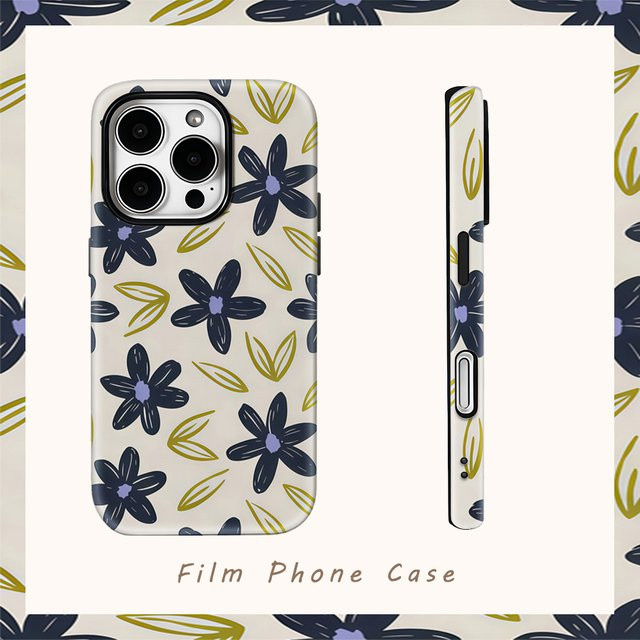Handyhülle mit marineblauen Blumen und Olivenblättern für iPhone 11 bis iPhone 17 Pro Max Plus, doppellagige Rückseite, Blau/Mehrfarbig - Bild 1
