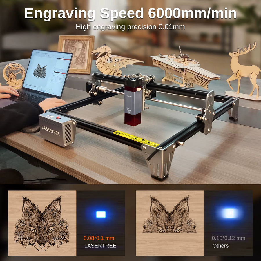 LASER TREE K1Mini Lasergraviergerät mit 10W Laserkopfmodul, 450nm Blaulicht, CNC Gravur- und Schneidemaschine für Holzbearbeitung, Schwarz und Blau - Bild 3