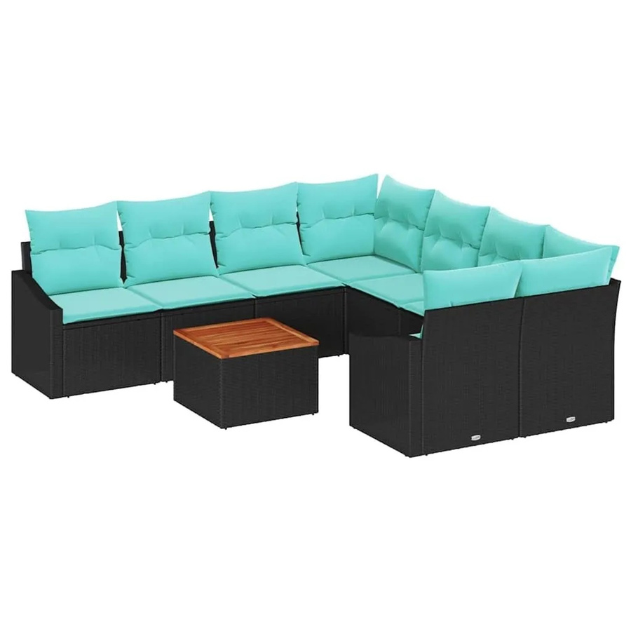 vidaXL Gartensofa-Set aus Poly-Rattan und Akazienholz in Schwarz, 9-teiliges L-Shape Lounge-Set mit Kissen und Tisch - Bild 2