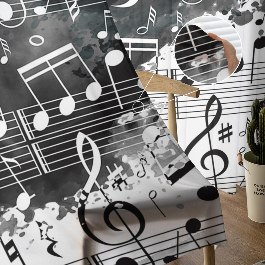 Transparente Tüll-Voile-Vorhänge mit Musik-Noten und Aquarell-Spritzer in Schwarz-Weiß, Breite: 135 cm, Höhe: 115 cm - Bild 3
